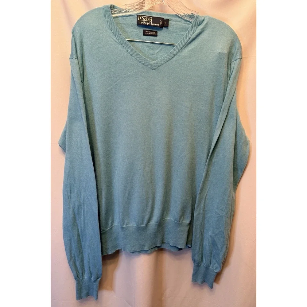 Polo Ralph Lauren Men's Large V-Neck Sweater Cotton Cashmere Lightweight Aqua